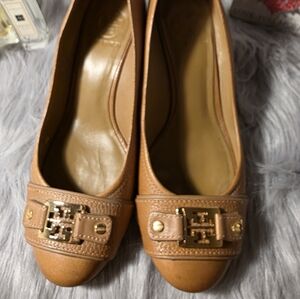 Tory Burch Tan Wedges with Gold Hardware